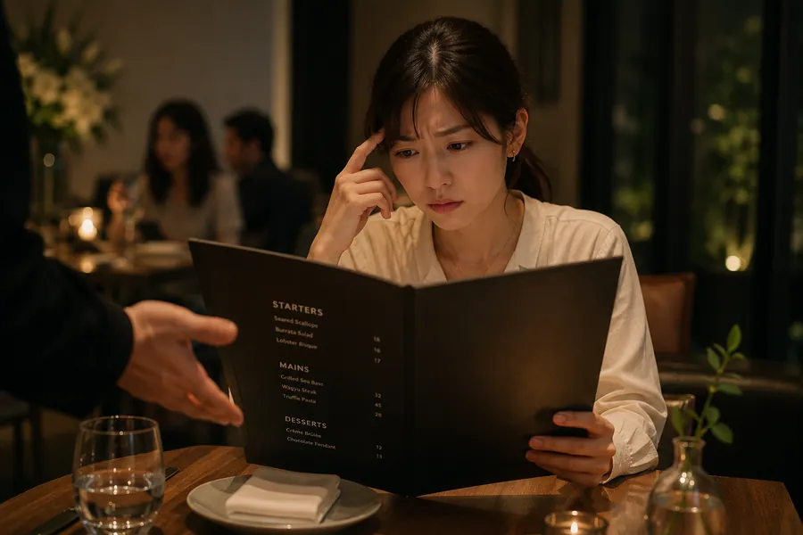 Japanese guest struggling to read an English-only fine dining menu