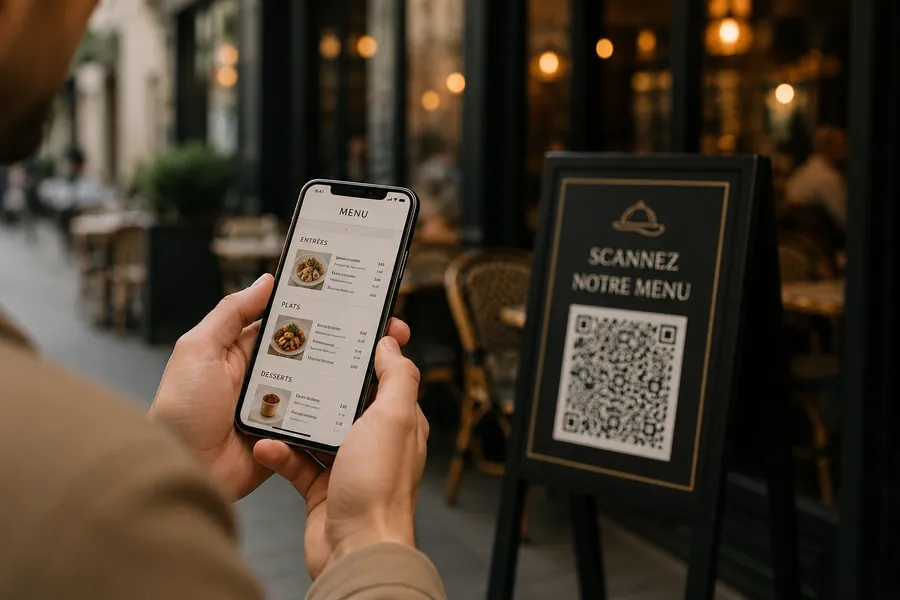 Guest scanning a restaurant QR code menu on their phone outside the restaurant